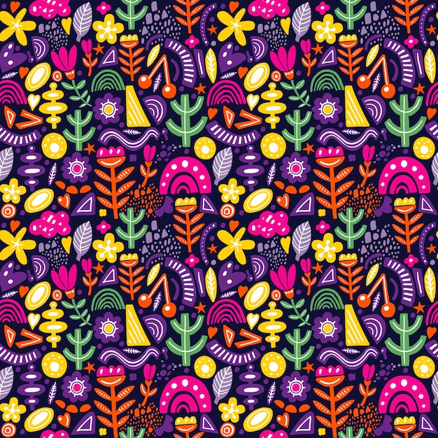 Collage style seamless pattern with abstract and organic shapes in bright color on dark. modern and original textile, wrapping paper, wall art design.