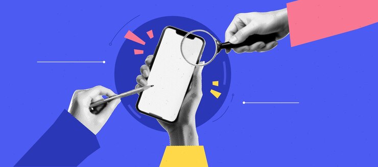 Vector a collage on the theme of application design development hands with phone and pencil and magnifying