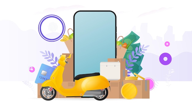 Collage on the theme of delivery. Yellow scooter with food rack, telephone, gold coins, cardboard boxes, paper bag with groceries. The concept of online ordering and delivery of food and shipping.