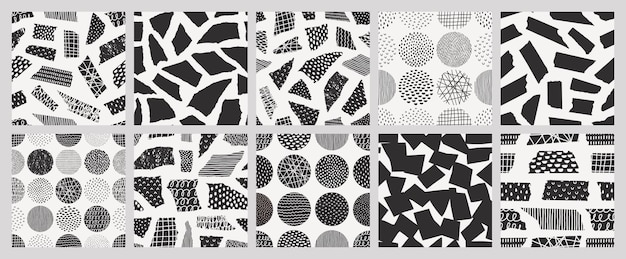 Collage torn paper washi tape piece and circle shapes seamless patterns set with different hand draw