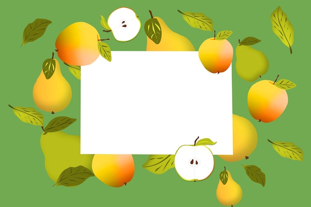 Collage van appels en peren op een lichtgroene achtergrond met een vierkant frame voor tekst Banner postkaart advertentie