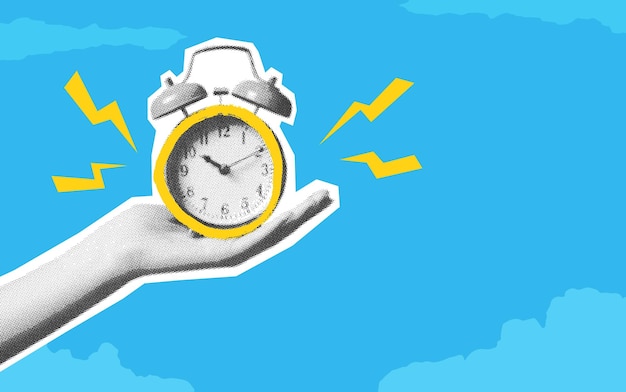 Collage with halftone hands holding alarm clocks Ringing alarm clock Newspaper elements on blue background with empty place
