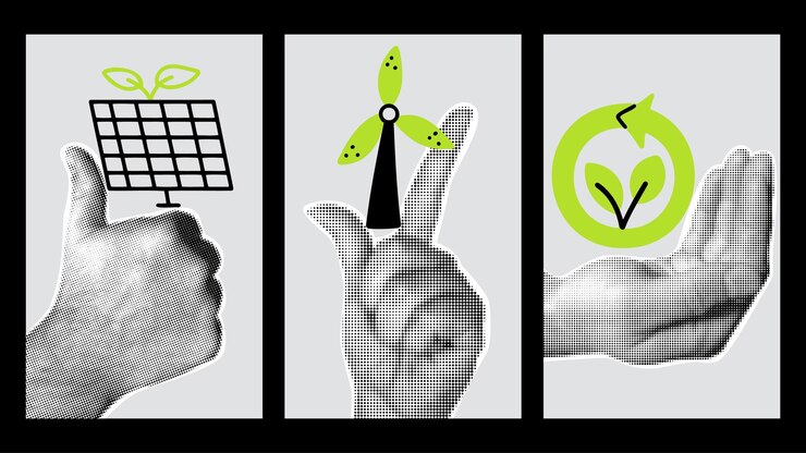 Vector collage with renewable green and ecofriendly energy sources esg concept vector posters