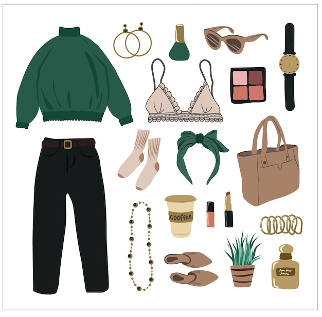 collage of women's clothing and accessories An outfit in a casual and elegant feminine style