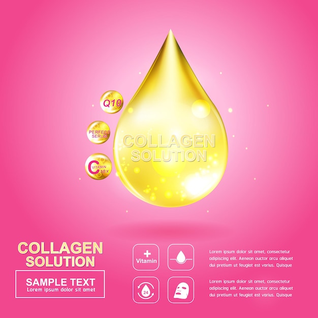 Vettore collagene o olio vettore goccia d'oro su sfondo rosa per prodotti per la cura della pelle