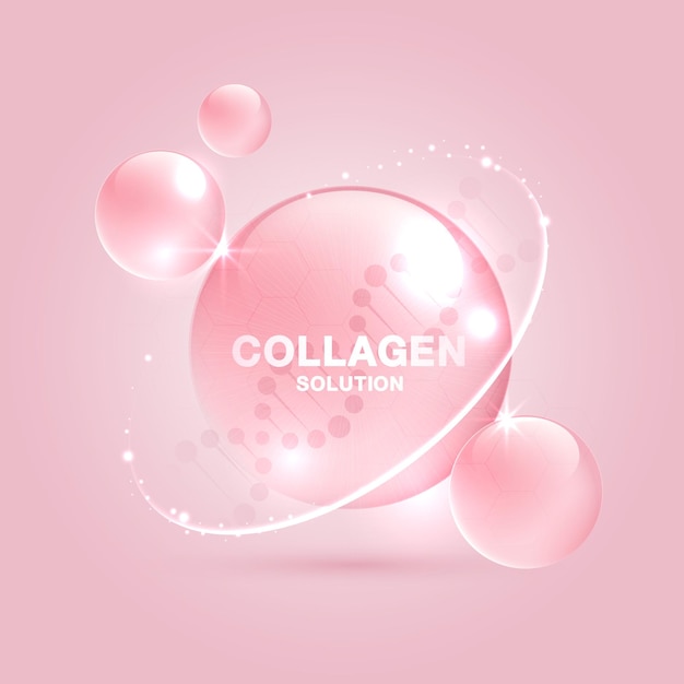 Vettore soluzione di collagene e dna su uno sfondo rosa complesso di soluzione di vitamine con formula chimica della natura trattamento di bellezza nutrizione cura della pelle progettazione concetti medici e scientifici progettazione vettoriale
