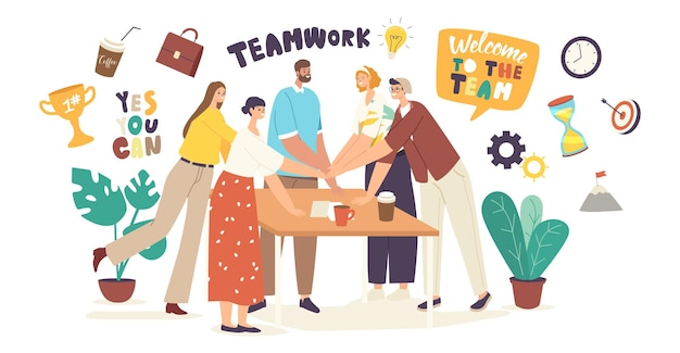 Vector colleagues character around of desk connecting hands before or after successful business deal or contract signing. office team triumph and support teamwork concept. cartoon people vector illustration
