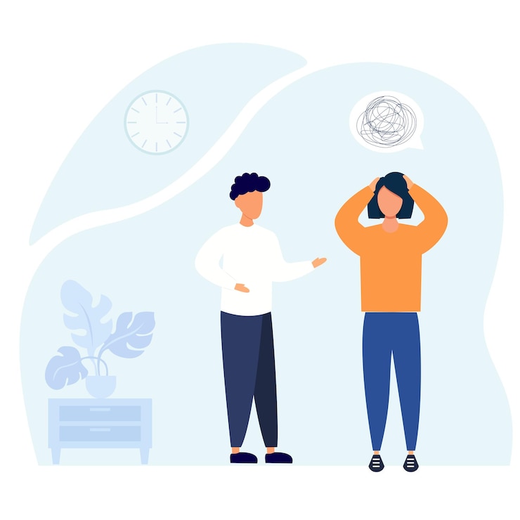 Vector 동료들은 문제에 대해 토론합니다. 남자는 혼란스러운 생각을 가지고 있는 젊은 여성을 설명합니다.