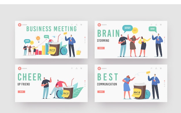 Colleagues Meetup Landing Page Template Set. Business Characters on Coffee Break, People Communicating, Chatting, Spending Leisure Time Together Discuss Working Issues. Cartoon Vector Illustration