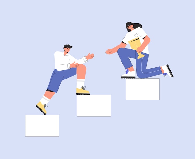 colleagues partners help each other in business. man and a woman climb the stairs and hold a cup.