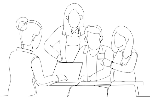 Colleagues in team discussion startup project business meeting Single line art style