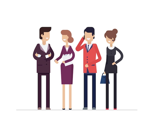 Vector colleagues at work - modern flat design style isolated illustration on white background. smiling cheerful cartoon characters. men and women wearing official clothes, speaking on the phone, talking