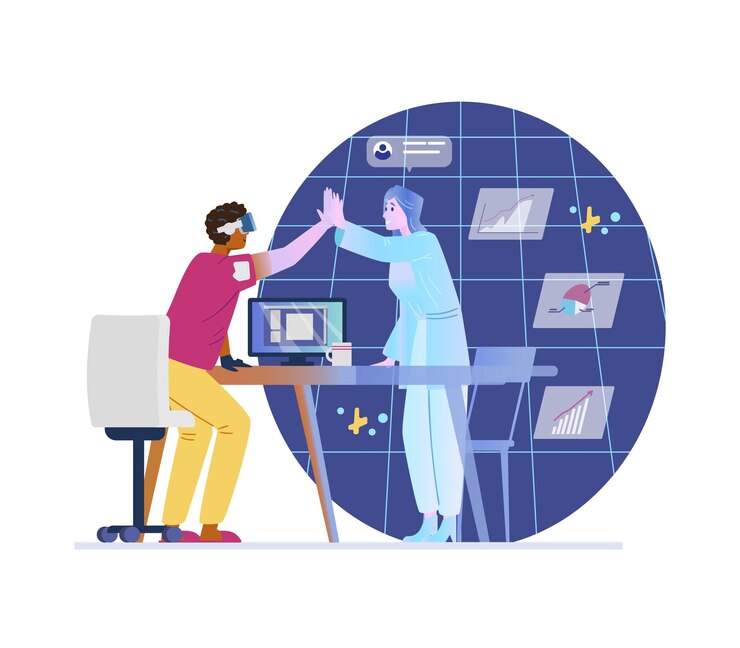 Vector colleagues working on project in metaverse man and hologram woman giving high five