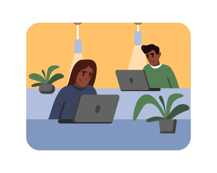 Vector colleagues working with project on computer startup project workers in coworking center