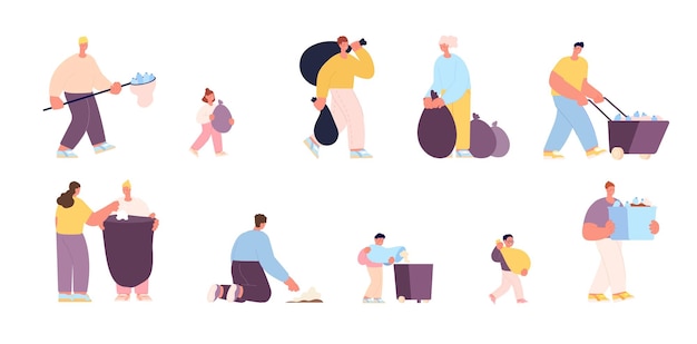 Vector collect garbage characters cleaning city man woman with bags for waste isolated people protect ecology container for recycle trash utter vector set