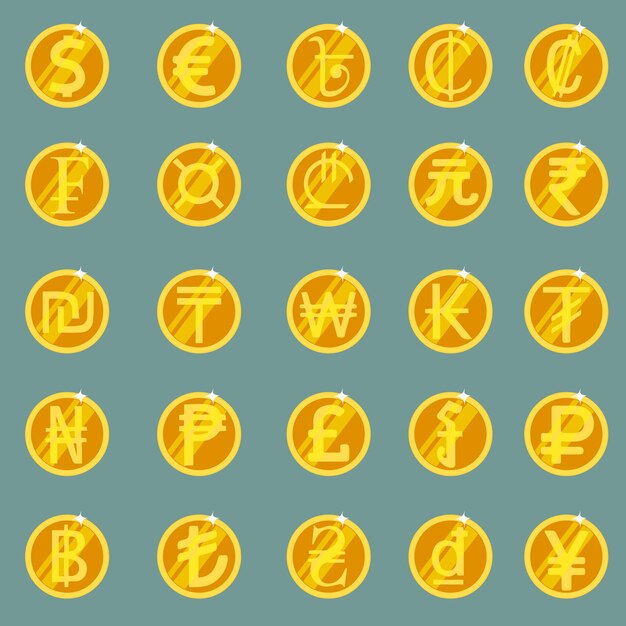 Vector collectible set of gold coins of currencies of the world