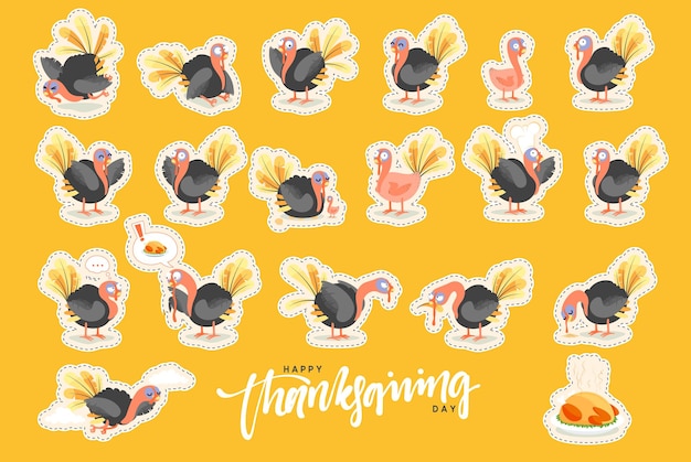 Collectie cartoon Turkije vogel. Fijne Thanksgiving-viering. Grappig karakter kalkoen
