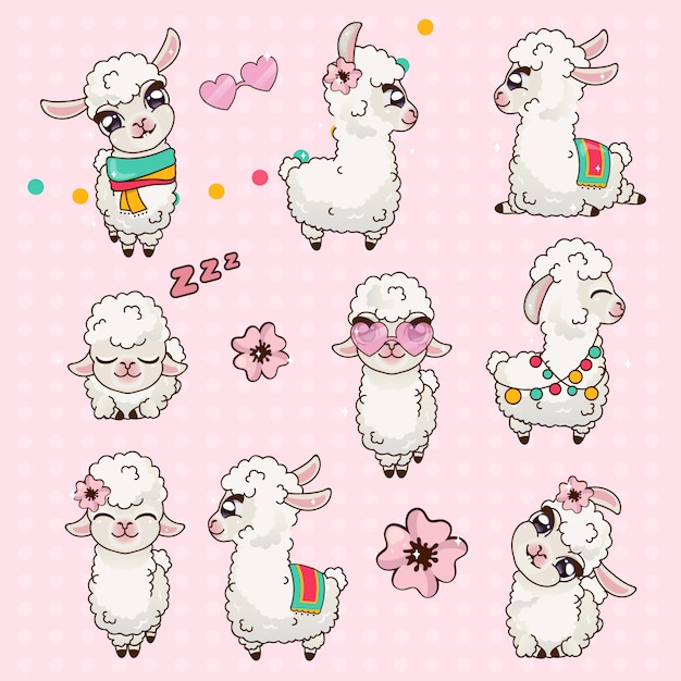 Collectie Cute Llama Alpaca Vicuna Set Kawaii