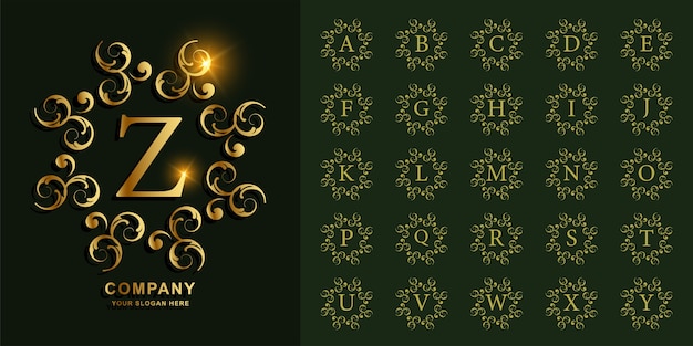 Vector collectie eerste alfabet met luxe sieraad of bloemen frame gouden logo sjabloon.
