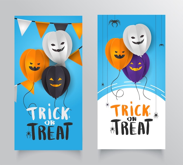 Collectie Happy Halloween banner ontwerpsjabloon met papieren ballon pompoenen emojis wichiringa vlaggen en coffetti