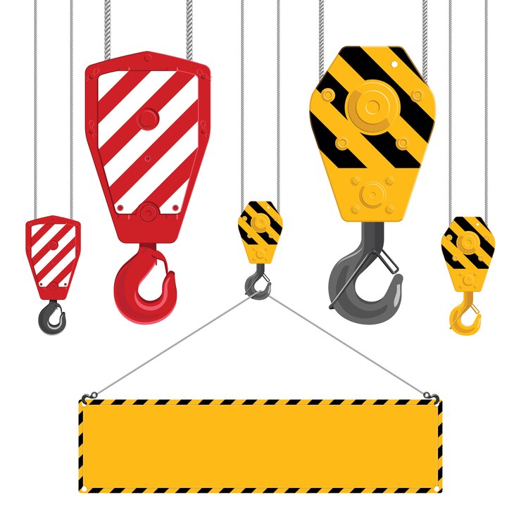 Vector collectie industriële haken. de kraanhaak van het metaal met kabels die op een witte achtergrond worden geïsoleerd. industrieel haakbevestigingsframe.