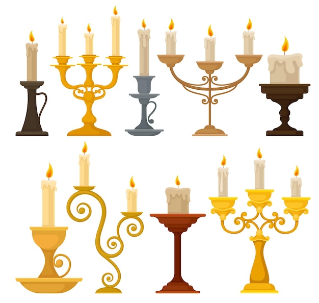 Vector collectie kaarsen in kandelaars vintage kaarsenhouders en kandelaren vector illustratie geïsoleerd op een witte achtergrond