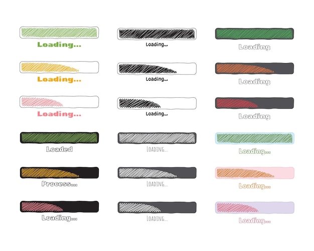 Collectie Laden van statusbalk icoon Vector illustratie Set van vector geladen iconen Download voortgang Donload of Upload Handgetekende schetsen scribble