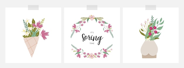 Collectie lentekaarten met bloemen in vaas in papieren boeket bloemenframe