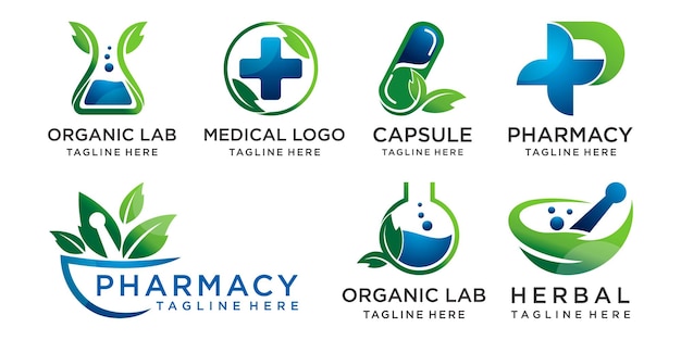 Collectie medische apotheek logo met combinatie drug Lab en blad logo ontwerpsjabloon