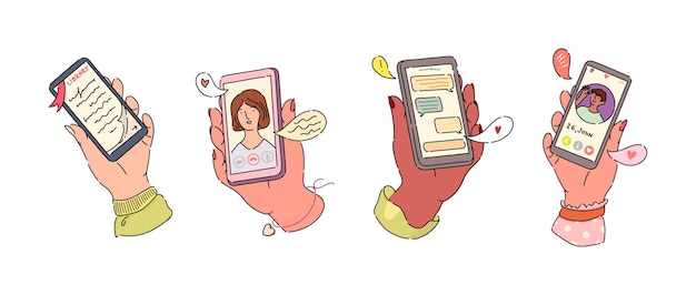 Collectie menselijke handen met smartphones met verschillende toepassingen voor communicatie