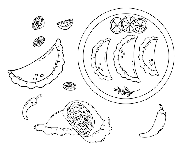 Collectie Mexicaanse Empanadas Dumplings op plaat in tweeën gebroken met vulling lineaire tekeningen