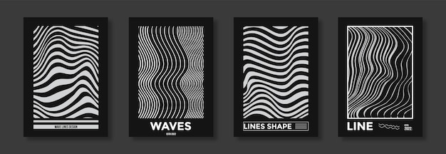 Collectie moderne abstracte posters met optische golven zwart-wit lijnontwerp