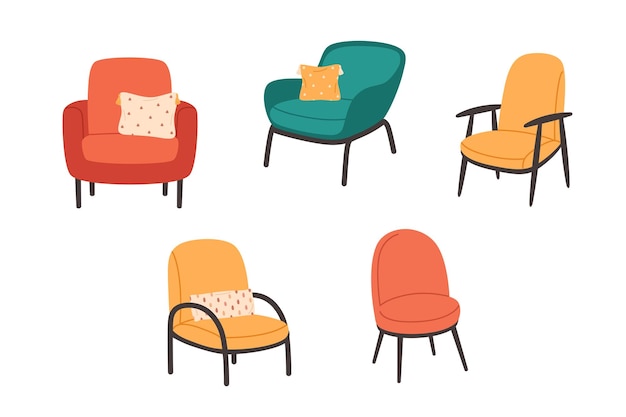 Collectie moderne fauteuils met sierkussens. Gezellig modern comfortabel meubilair, hygge