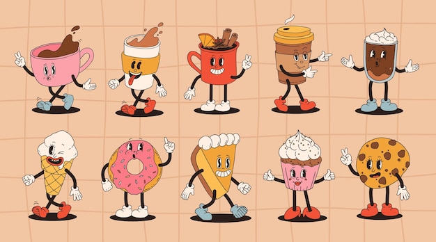 Collectie schattige cartoon personages van koffie takeaway en gebak donut chocolade chip cookie ijs en cupcake Vector illustratie geïsoleerde desserts eten en drinken in retro nostalgische stijl