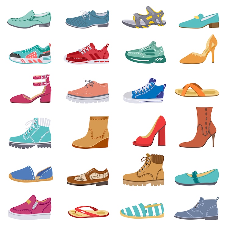 Vector collectie schoenen. mannelijke en vrouwelijke schoenen, sneakers en laarzen, trendy winter, lente schoenen, elegante schoenen illustratie iconen set. schoeisel en sneakers, modieuze voetschoenen