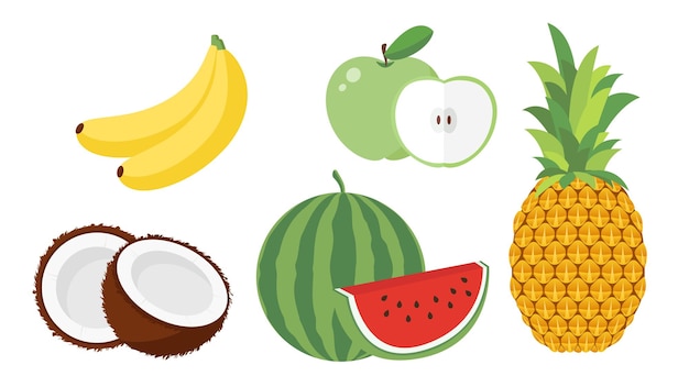 Vector collectie set fruit object banaan appel ananas watermeloen kokosnoot