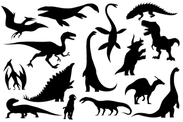 Collectie silhouetten van skeletten van dinosaurussen