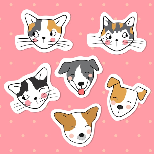 Collectie sticker hoofd van grappige hond en kat op roze pastel