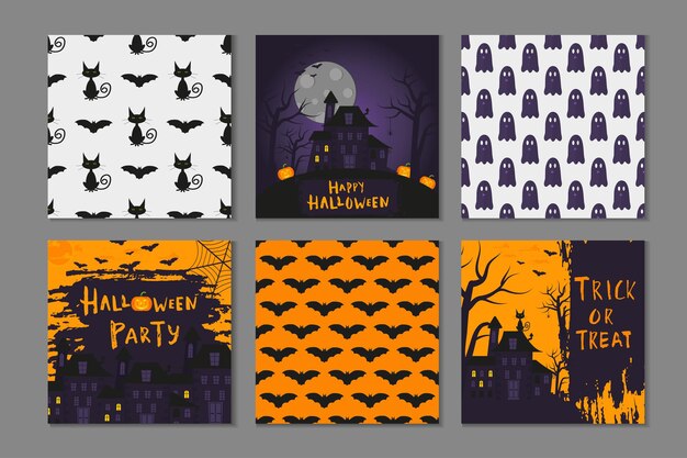 Vector collectie van 6 happy halloween posterontwerp met traditionele symbolen en handgetekende letters. vectorillustratie kan worden gebruikt voor behang, webpagina's, kerstkaarten, uitnodigingen en feestontwerpen.