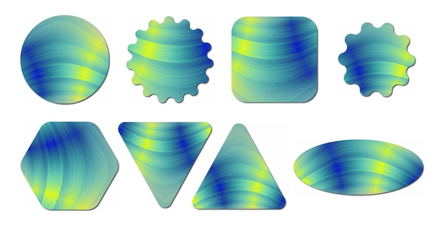 Vector collectie van abstracte blauwe en groene holografische stickers in verschillende vormen.