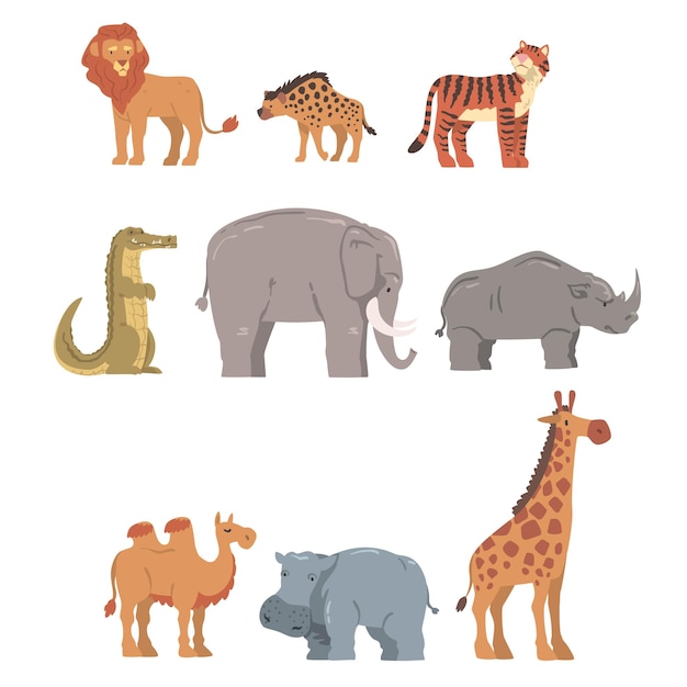 Collectie van Afrikaanse dieren nijlpaard leeuw neushoorn olifant krokodil wild roofdier en herbivore jungle savanne dieren cartoon vector illustratie