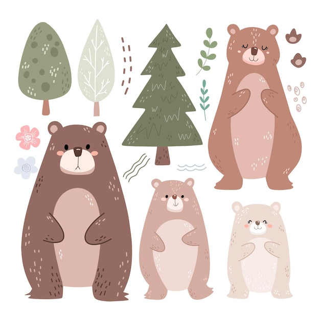 Vector collectie van beren en bomen doodle clipart