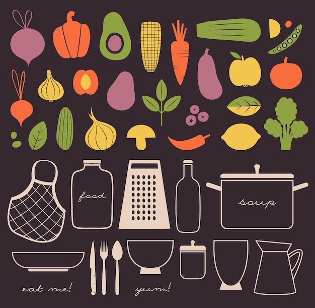 Collectie van clip arts met groenten, fruit, bestek, borden, gebruiksvoorwerp. Veganistische vectorillustraties