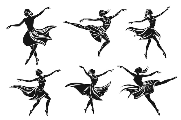 Collectie van dansende meisje linocut silhouet illustratie vector