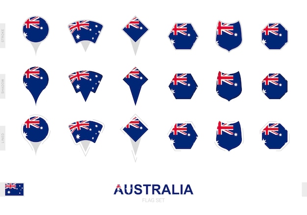 Collectie van de Australische vlag in verschillende vormen en met drie verschillende effecten