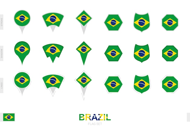 Collectie van de Braziliaanse vlag in verschillende vormen en met drie verschillende effecten