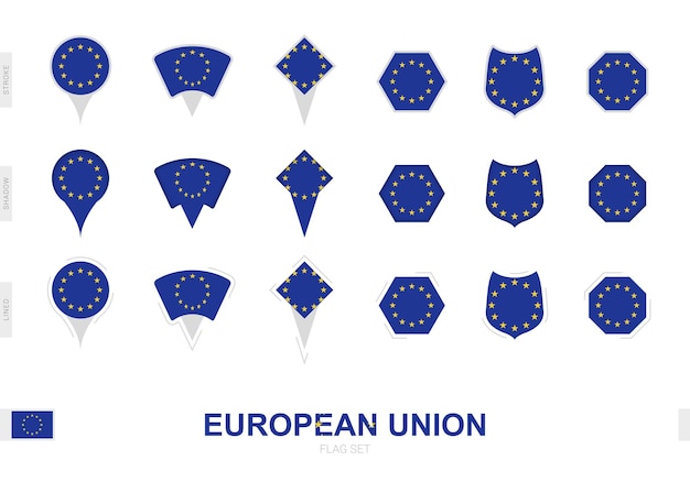 Collectie van de vlag van de Europese Unie in verschillende vormen en met drie verschillende effecten