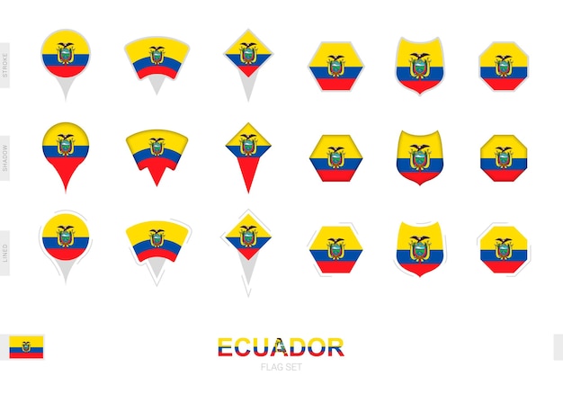 Collectie van de vlag van Ecuador in verschillende vormen en met drie verschillende effecten