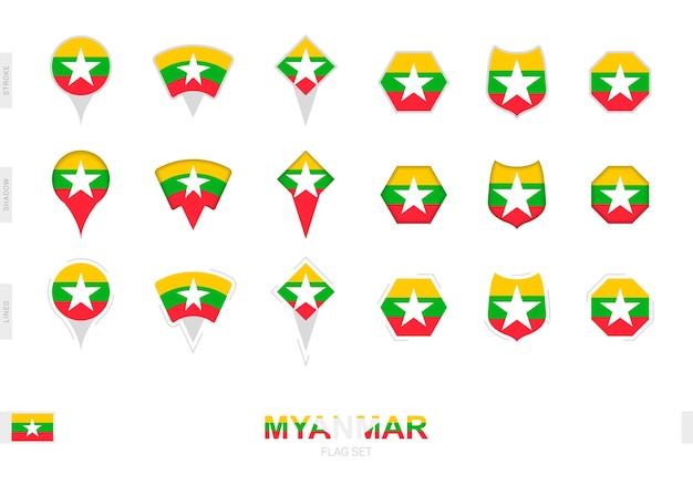 Collectie van de vlag van Myanmar in verschillende vormen en met drie verschillende effecten