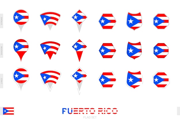 Collectie van de vlag van Puerto Rico in verschillende vormen en met drie verschillende effecten